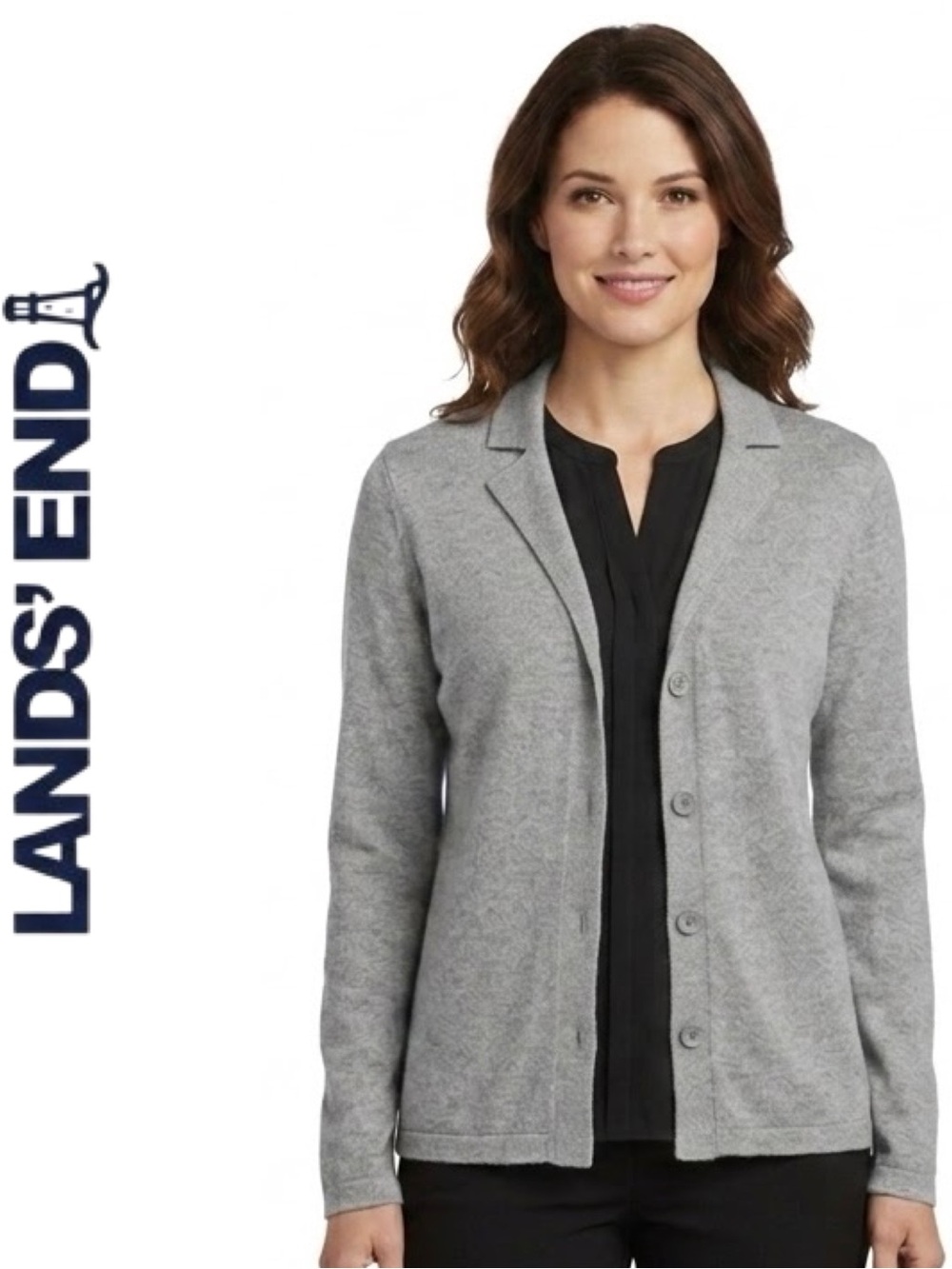 NEW Lands End Fine Knit Long Sleeve Light Grey Collar Cardigan - XS (Fits S/M)
